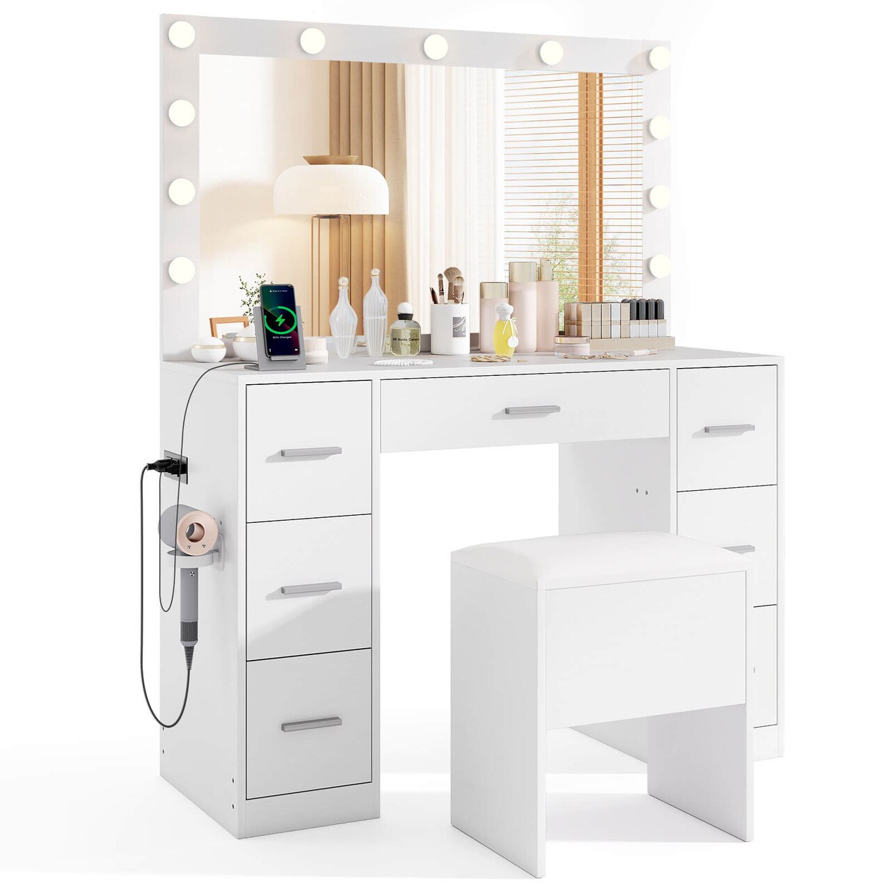 Costway Vanity Desk with Mirror and Lights Storage Stool Power Outlets 3 Lighting Colors